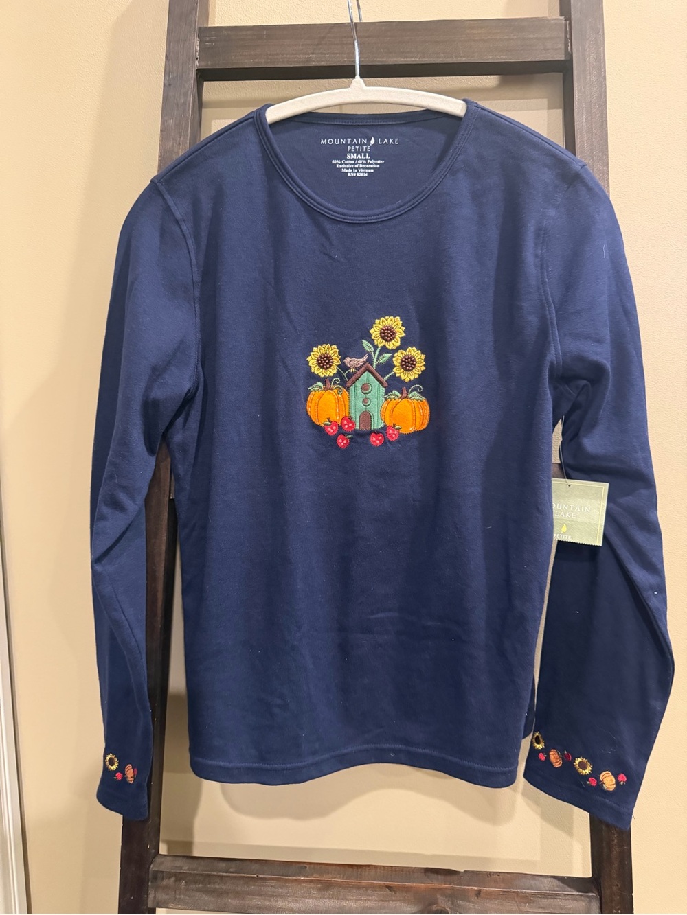 Mountain Lake Navy Long-Sleeve Kids Top with Pumpkin & Sunflower Embroidery